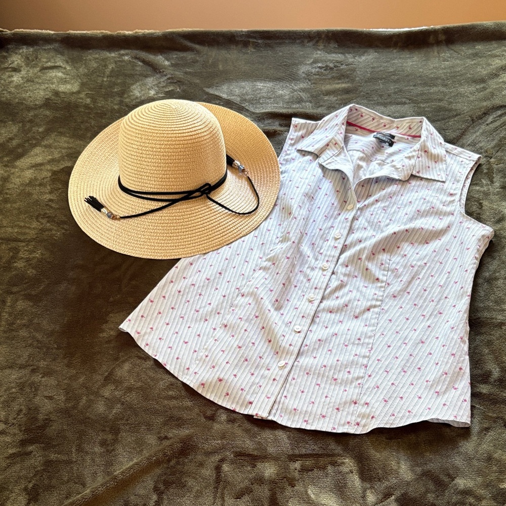 Talbots Blue and White Striped Blouse with Pink Palm Trees. Size 4